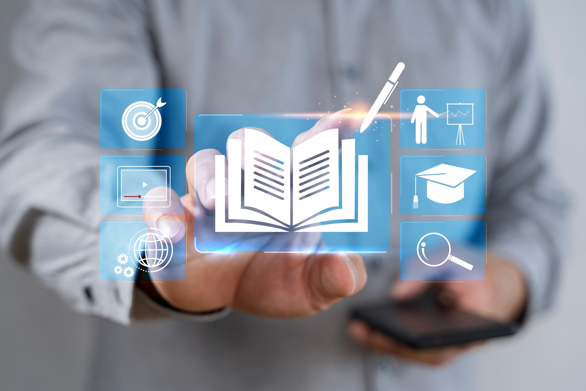 E-library concept. Person use smartphone and hand touch with virtual Ebook icons for electronic books online